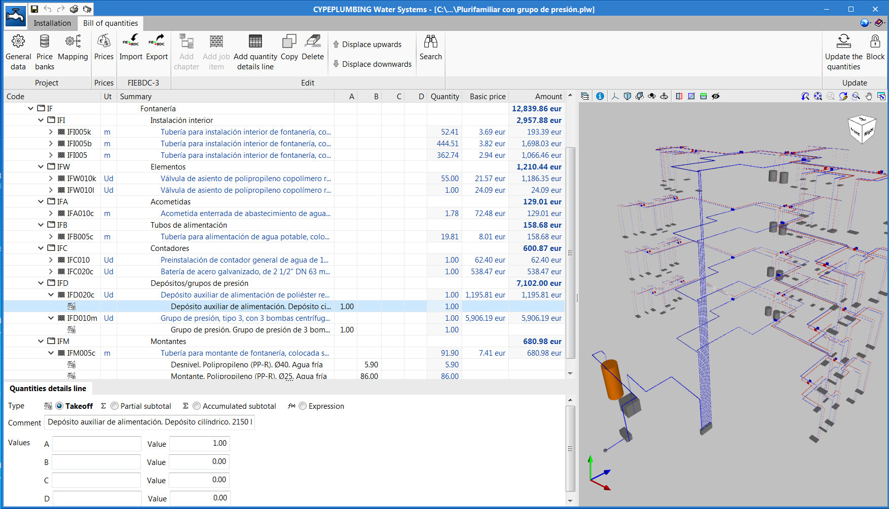 "Bill of quantities" tab in project phase Open BIM applications
