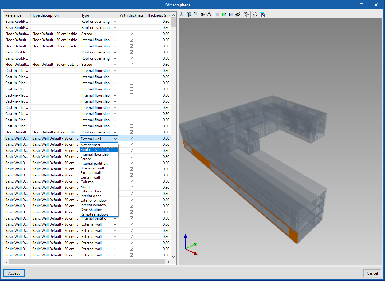 Open BIM Analytical Model. Assign shading elements to the components of the physical model