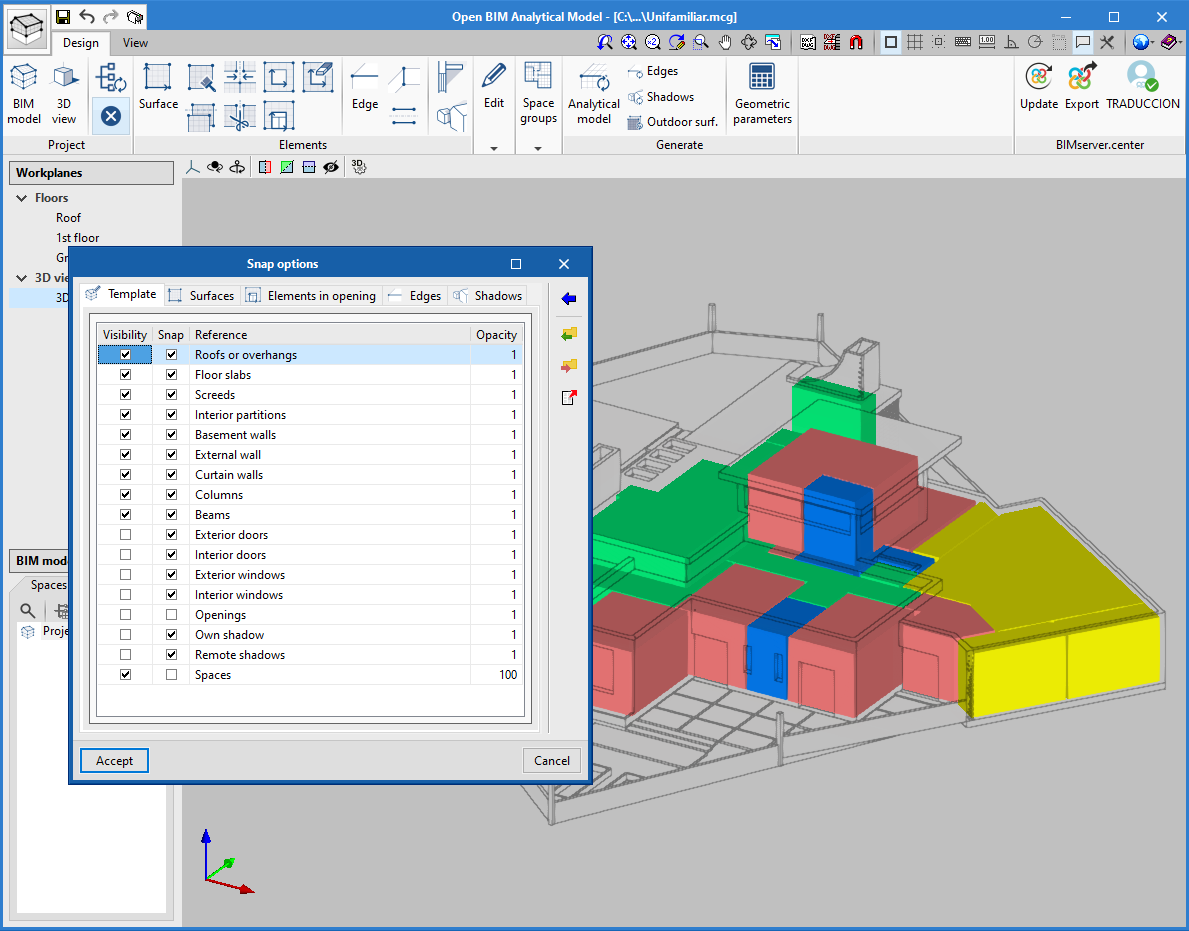 Open BIM Analytical Model. View the spaces of the physical model
